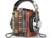 Audiobooks concept. Vintage books and headphones.